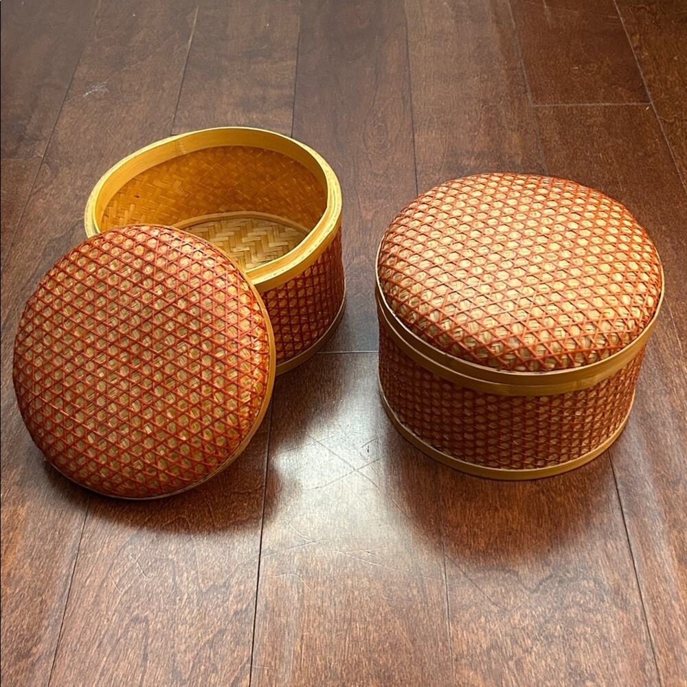 Vintage Matching Bamboo Lidded Baskets in Tan and Orange, Set of Two